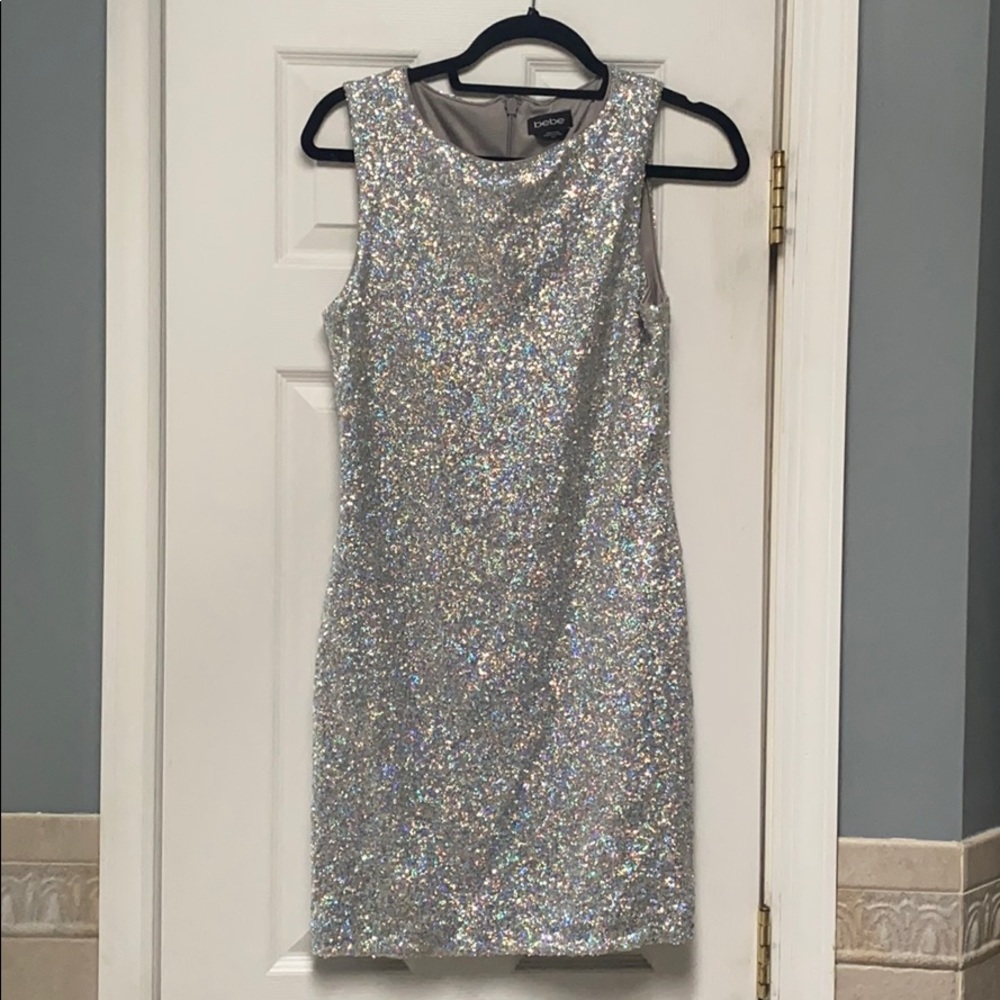Bebe Silver Sequin Mini Dress